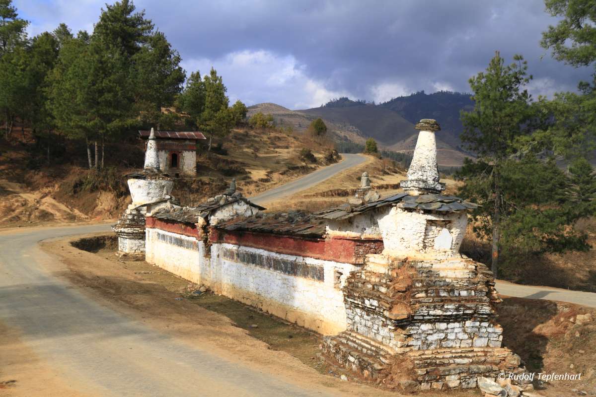 Buddhist wall on the road in Wangdue Phodrang  Valley, Bhutan